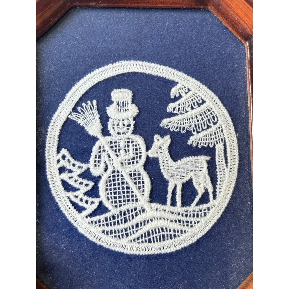 Authentic Belgian Lace Snowman and Deer Framed Art Winter Decor Blue Velvet 4.5